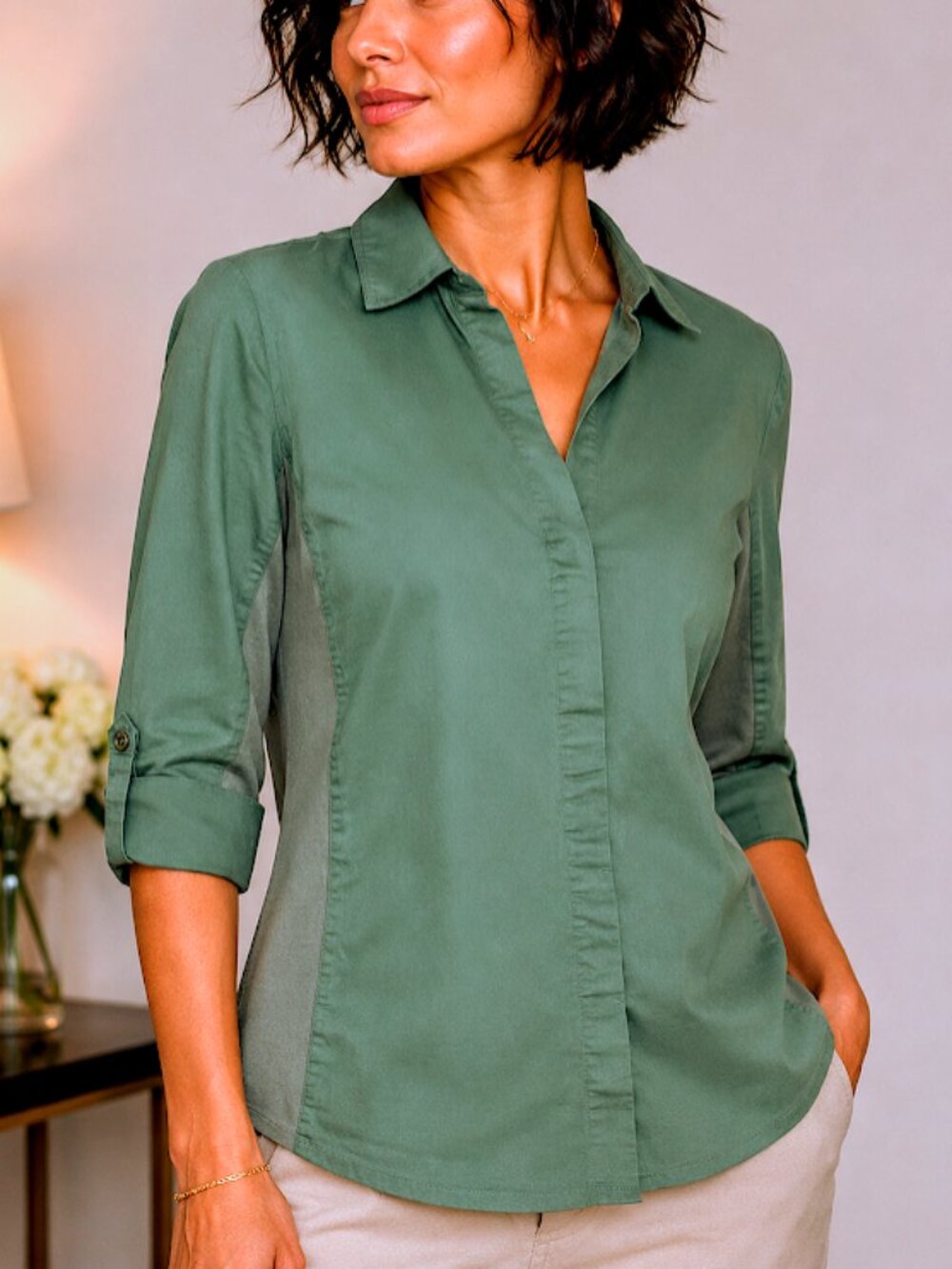 Zac & Rachel Bayberry Green Button Up Blouse Stretch Knit Panel Size M